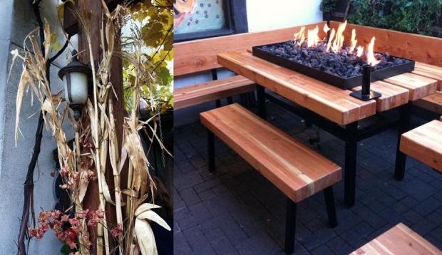 Fall decorations and FIRE tables at an outdoor beer and brat place. 
