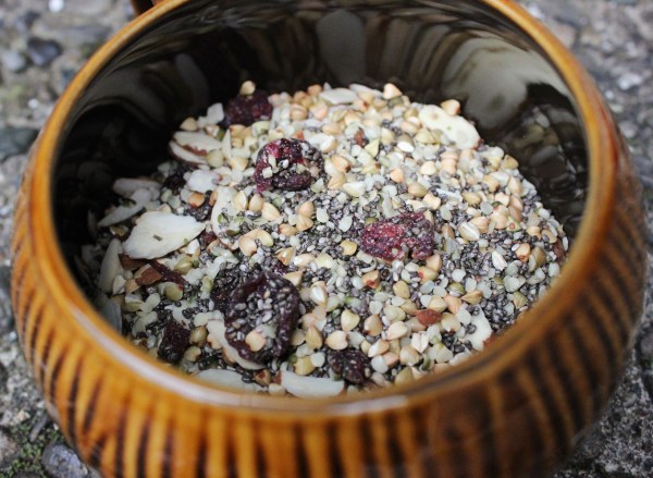 Breakfast- Oatmeal with berries and other fun seeds and rabbit like grains. 